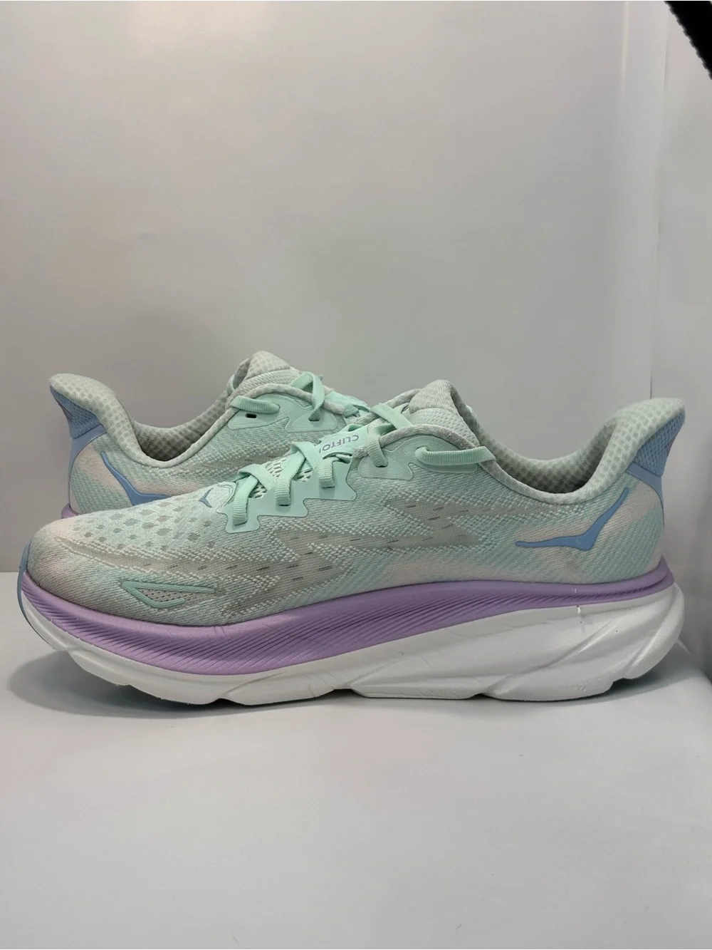 Hoka Clifton 9 Women's Size 10B Running Shoes Mint Green/Purple/White Sneakers